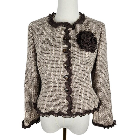 Anne Klein Tweed Blazer Jacket Size 8 Petite Brown Lace Trim Professional Office - Picture 1 of 13